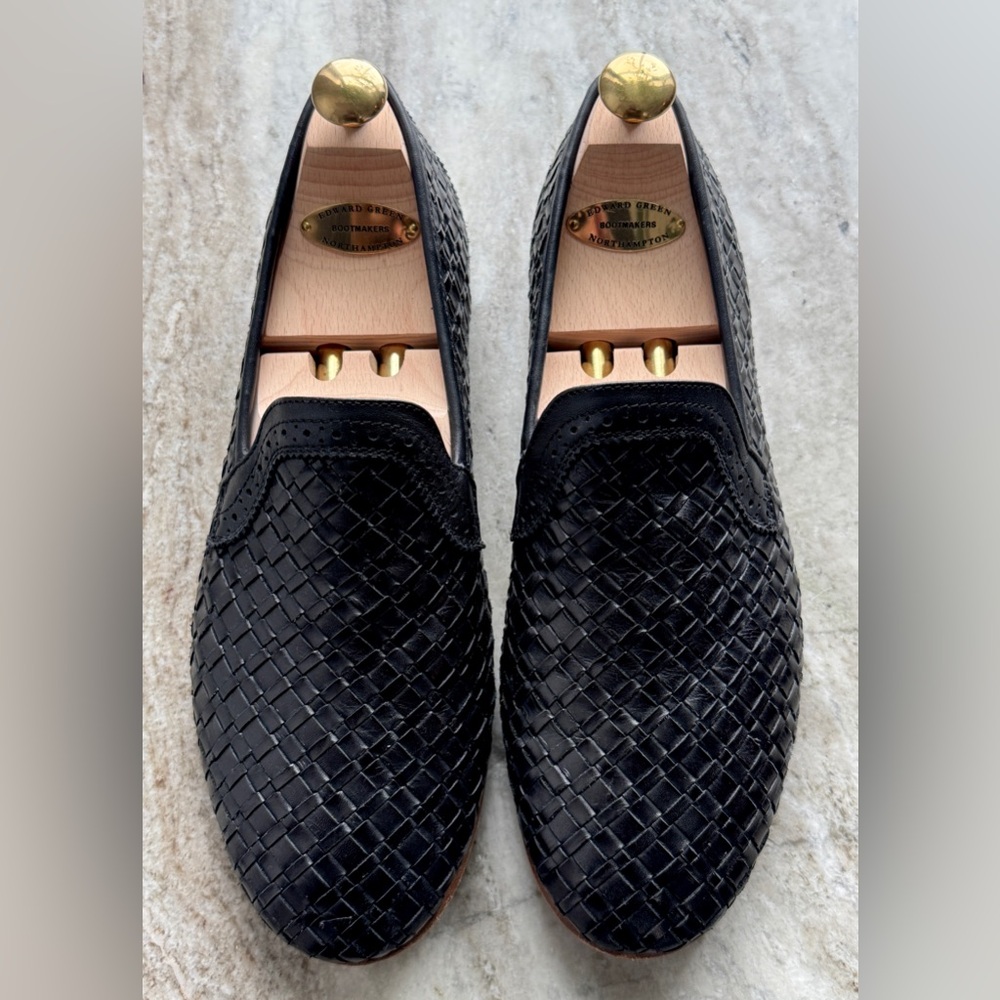 FERRAGAMO SLIPPERS 10 intrecciato Woven Leather Loafers Black Nero SALVATORE